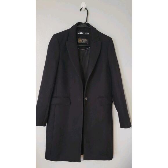 Zara Manteco Wool Blend Long Black Coat Size SMALL peacoat - Picture 2 of 14